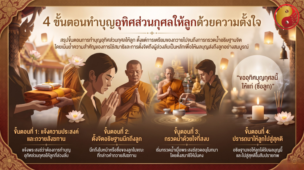 ขั้นตอนและวิธีทำบุญอุทิศส่วนกุศลให้ลูก