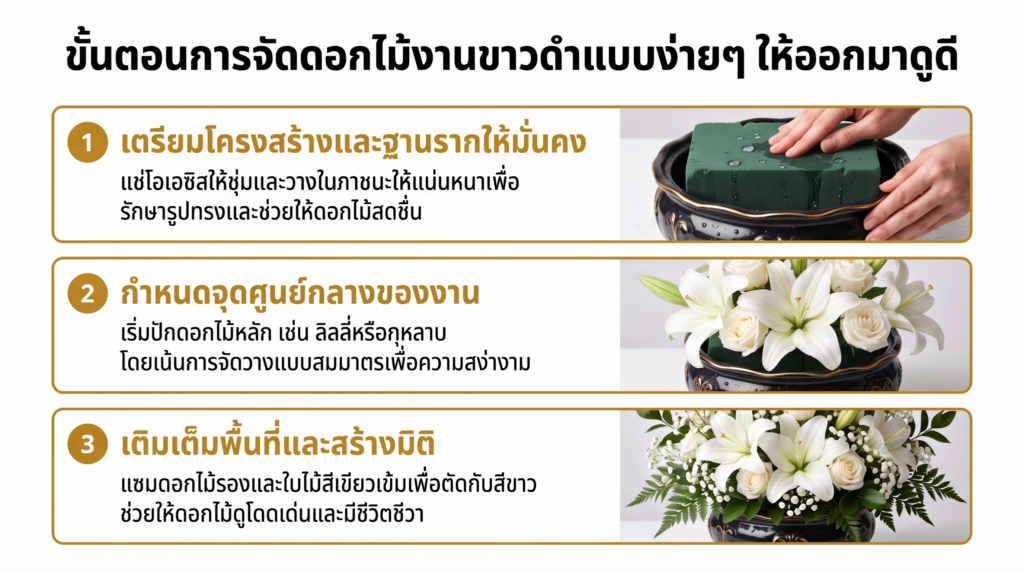 ขั้นตอนการจัดดอกไม้งานขาวดำแบบง่ายๆ ให้ออกมาดูดี