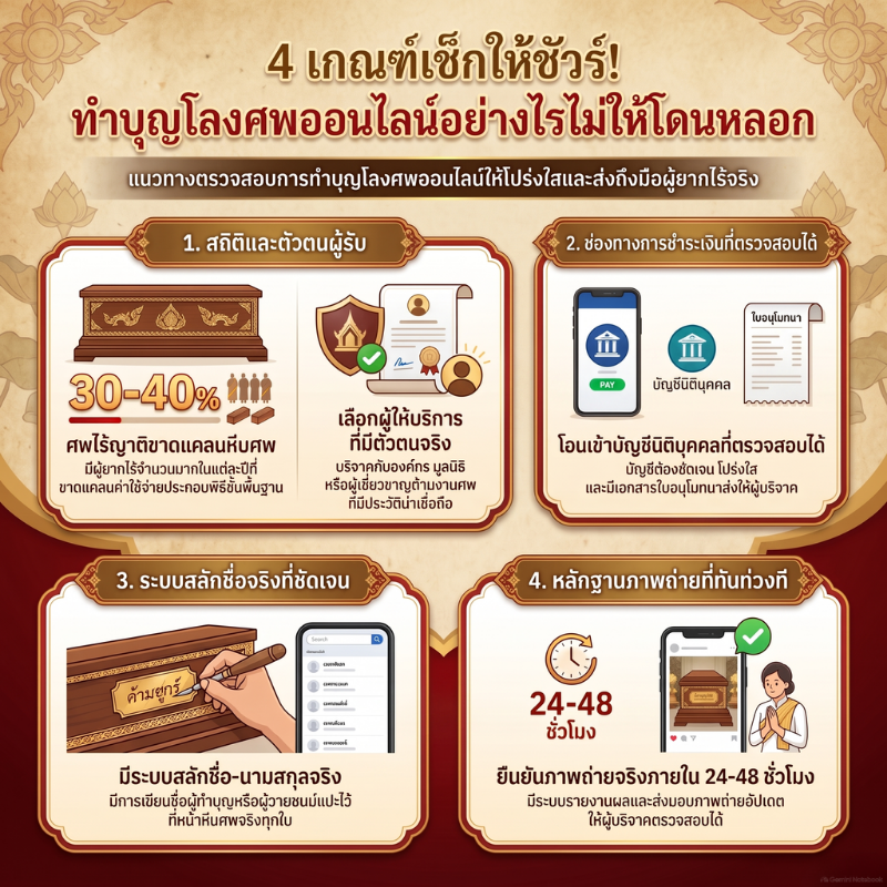 4 ข้อควรระวัง! ทำบุญโลงศพออนไลน์อย่างไรให้ถึงมือผู้ยากไร้จริง ไม่โดนหลอก